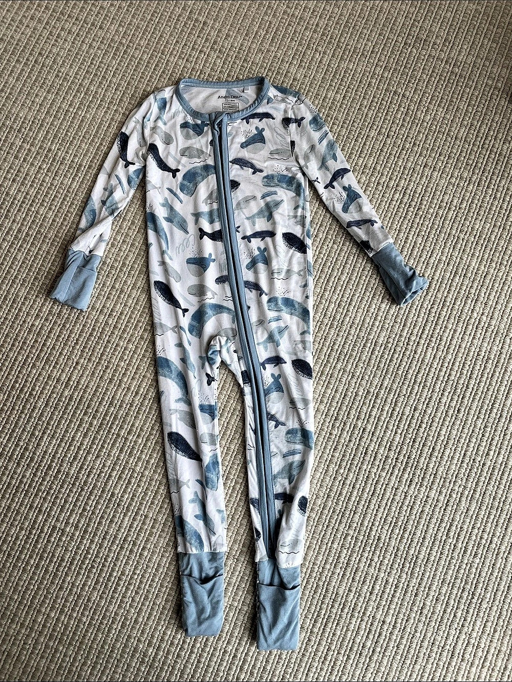 Angel Dear Watercolor Blue Whales 2-Way Zipper Footie Blue & White 12-18M